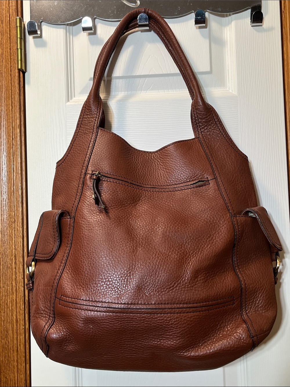 Cole Haan Tobacco Brown Pebbled Leather Shoulder Bag Purse Tote Gold Tone Trim - Picture 2 of 16